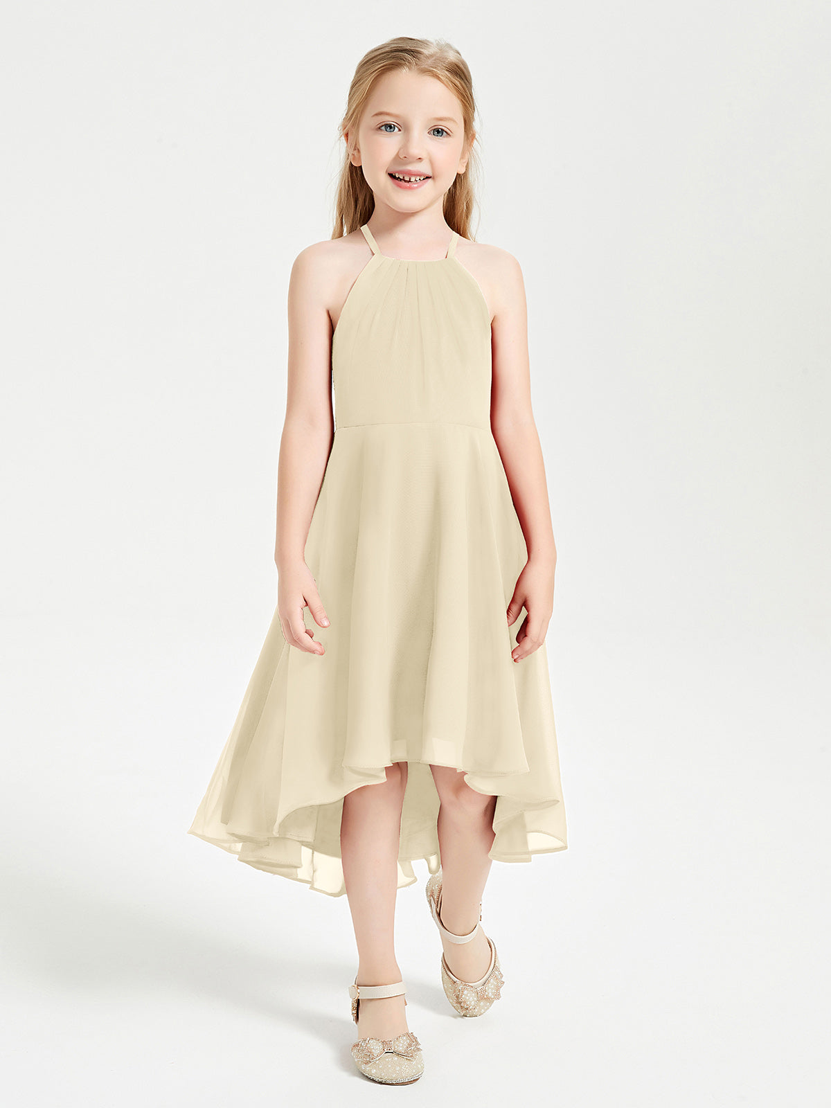 Tea Length Junior Bridesmaid Dresses with Asymmetrical Skirts Champagne